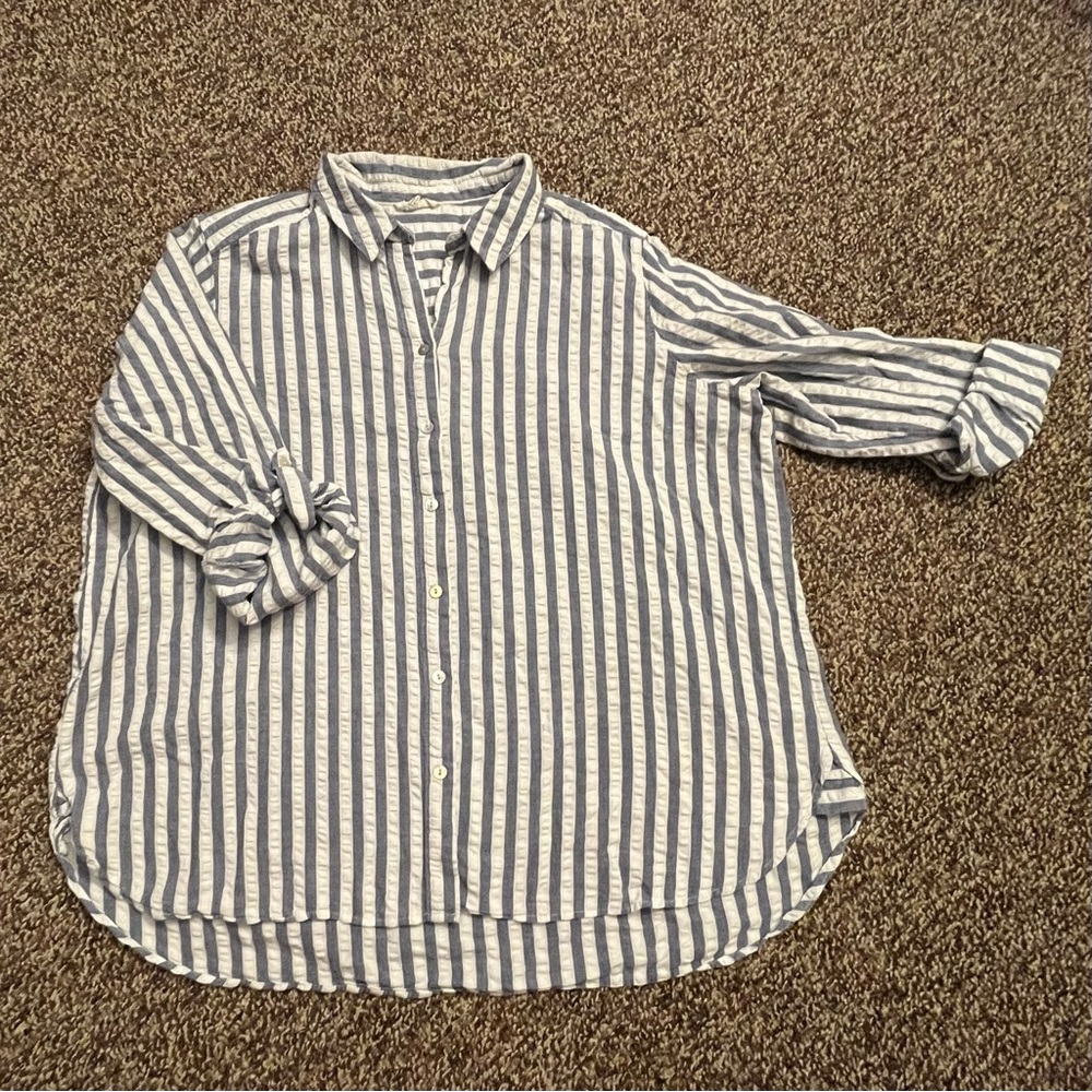 Lightweight Crinkle Striped Button-Up Shirt, 3/4 sleeve option